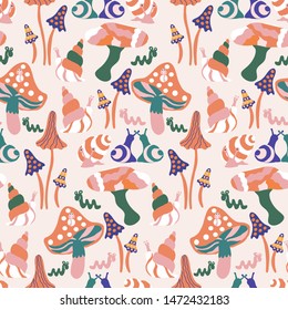 Colorful autumn mushrooms in a seamless pattern design that can be used on the web or in print for surface design