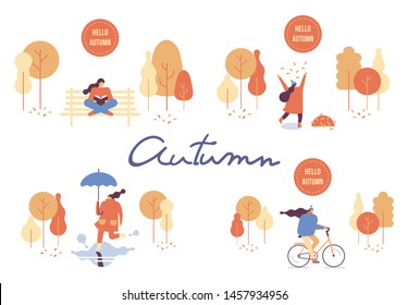 Colorful Autumn park flat vector set. Autumn park landscape. Different People in warm clothes having fun outdoors in urban park.  Autumn park with people illustration. 