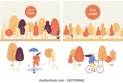 Colorful Autumn park flat vector set. Autumn park landscape. Different People in warm clothes having fun outdoors in urban park.  Autumn park with people illustration. 