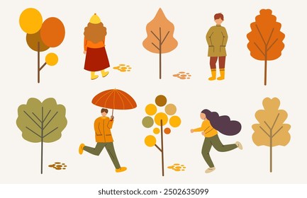 Colorful autumn park flat vector set. Illustration of trees and different people having fun in park. Elements set for fall.