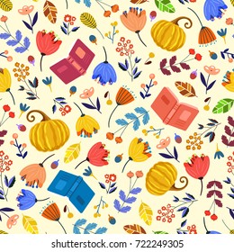 Colorful autumn pattern background with books, pumpkins and flowers. Vector illustration