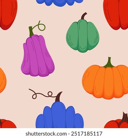 Colorful autumn pattern with bright pumpkins. Seamless pattern for wrapping paper, background, decorations