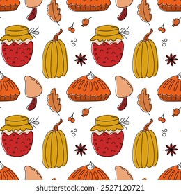 Colorful autumn pattern features jars, pumpkins, whimsical mushrooms, and scattered fallen leaves