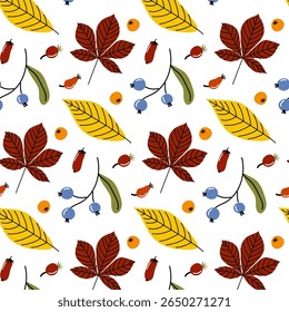 Colorful autumn pattern featuring various leaves and berries on a white background for seasonal decor or crafts