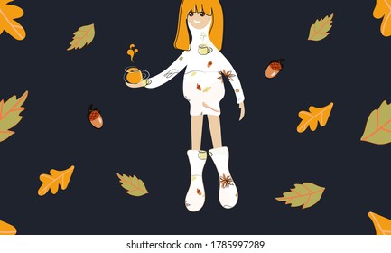 Colorful autumn pattern. Girl in a bright sweater and boots holding a cup of coffee.