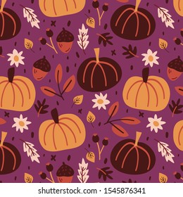Colorful autumn pattern with pumpkins and leaves
