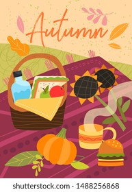 Colorful autumn picnic on a rug on the grass outdoors in a park with burger, food in a basket, drinks, sunflowers and a pumpkin with handwritten text in a vector poster design