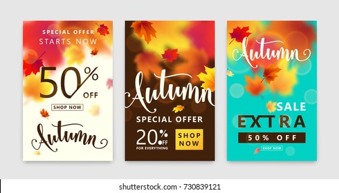 Colorful autumn poster set. Fall sale background with bright maple leaves, light effect, season type lettering discount text sign 50 percent, 20 Off everything. Vector illustration