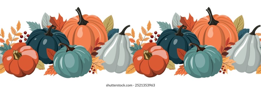 Colorful autumn pumpkins, berries, and leaves horizontal seamless border pattern. Isolated on white background. Seasonal harvest banner design for greeting or promotion.