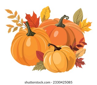 Colorful autumn pumpkins and forest leaves clipart. Vector illustration Isolated on white background. Seasonal harvest design for greeting or poster.