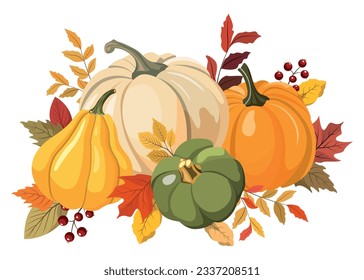 Colorful autumn pumpkins and forest leaves clipart. Isolated on white background. Seasonal design for greeting or poster.