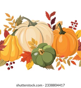 Colorful autumn pumpkins, forest leaves, and berries horizontal seamless border. Isolated on white background. Seasonal fall banner design for greeting or promotion.