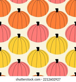 Colorful autumn pumpkins hand drawn vector illustration.Vegetable seamless pattern for home decor, wallpaper or fabric. Cute October Halloween background.