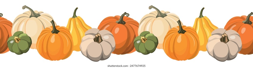 Colorful autumn pumpkins horizontal seamless background. Vector illustration. Isolated on white background. Seasonal fall banner design for greeting or promotion.