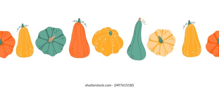 Colorful autumn pumpkins horizontal seamless background. Seasonal fall harvest.  Hand drawn  flat vector illustration isolated on white background, design element. Seasonal fall banner design for gree