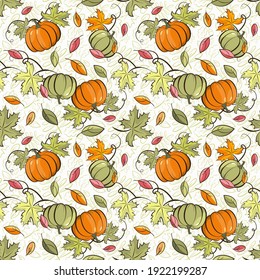 Colorful autumn with ripe pumpkins. Seamless pattern. Vector, isolated.