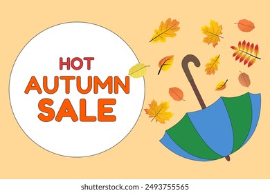Colorful autumn sale banner featuring falling leaves and an umbrella. Perfect for seasonal promotions, advertisements, and marketing campaigns.