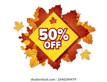 Colorful autumn sale banner featuring a discount of 50 percent highlighted within a diamond shape surrounded by vibrant fall leaves design for promotional purposes