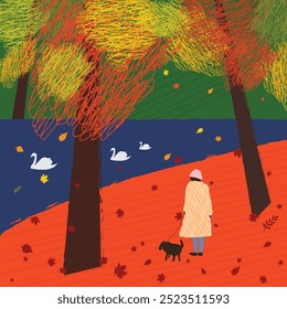 A colorful autumn scene with an old lady and a her dog walking in a park