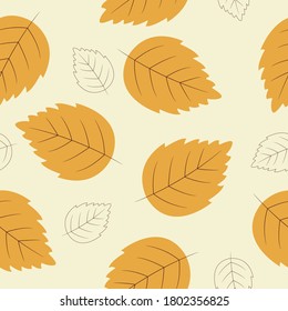 colorful autumn seamless pattern with bright yellow birch leaves scattered on light cream background