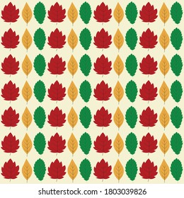 colorful autumn seamless pattern with bright green alder, yellow ash and red maple leaves scattered on light cream background