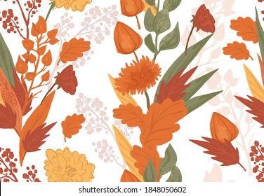 Colorido patrón de otoño sin fisuras en tierno estilo de dibujos animados. Ambiente cálido elementos botánicos sobre fondo blanco