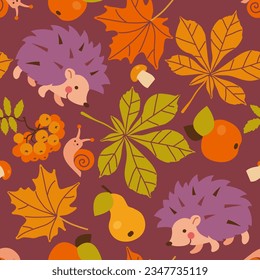 Colorful autumn seamless pattern with cute hedgehog, snail, mushrooms, berries, fruits, leaves in flat style. Endless texture for fabric, clothes, background, textile, wallpaper. Vector illustration.