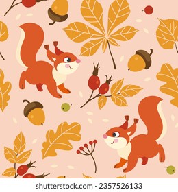 Colorful autumn seamless pattern with cute squirrel, acorn, rosehip, leaves in flat style. Endless texture for fabric, clothes, background, textile, wallpaper. Vector illustration.