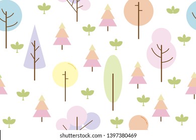 Colorful autumn seamless pattern of different trees and bushes. Vector forest illustration on white background. Simple cartoon flat style. For design textile fabric paper, wallpaper, kids. Wrapping.