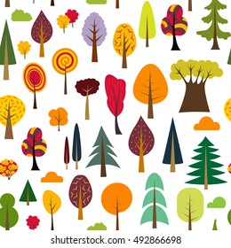 Colorful autumn seamless pattern of different trees and bushes. Vector forest illustration on white background. Simple cartoon flat style. For design textile fabric paper, wallpaper, kids. Wrapping.