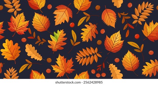 Colorful autumn seamless pattern of forest leaves on dark background. Seasonal greeting banner design. Illustration