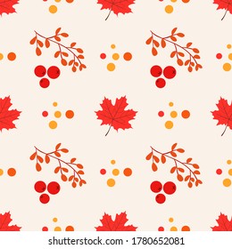 Colorful autumn seamless pattern of leaves and berries. background. Vector illustration The texture can be used for printing on fabric, as well as on paper or scrap.
