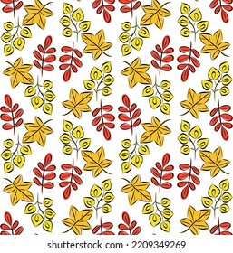 Colorful autumn seamless pattern with leaves. Simple cartoon flat style. Vector illustration. Orange, red, yellow.