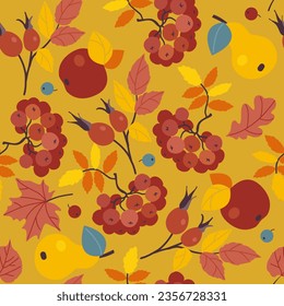 Colorido patrón de otoño sin costuras con hojas de otoño, bayas, frutas de estilo plano. Textura sin fin para tela, ropa, fondo, textil, papel pintado. Ilustración de color del vector.