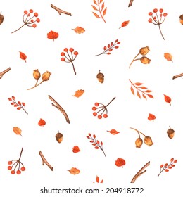 Colorful autumn seamless pattern made of hand drawn leaves, acorns and berries. Watercolor background. Vector illustration. Texture can be used for printing onto fabric and paper or scrap booking.