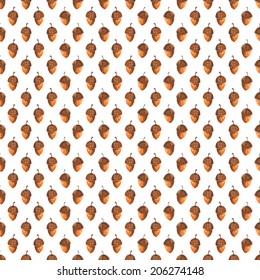 Colorful autumn seamless pattern made of hand drawn acorns. Beautiful watercolor background. Vector illustration. Endless texture can be used for printing onto fabric and paper or scrap booking.