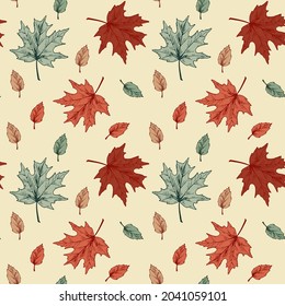 Colorful autumn seamless pattern with maple leaves. Hand drawn vector illustration