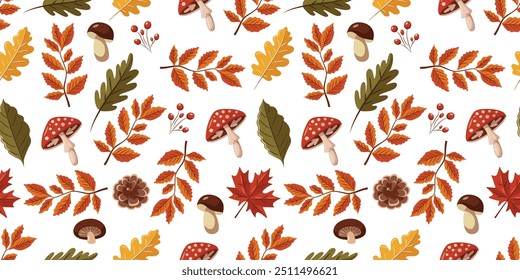 Colorful autumn seamless pattern with mushrooms, leaves and berries. Vector pattern for wrapping paper, fabric and other things