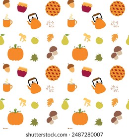 Colorful autumn seamless pattern with seasonal elements: kettle, pie, jam, leaves, pumpkin, fruits, mushrooms and other. Autumn mood, print for textile or wrapping paper. Vector design, flat style.