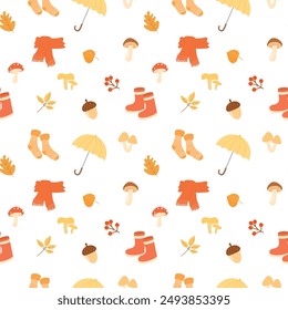 Colorful autumn seamless pattern with seasonal cozy elements: rain boots, umbrella, scarf, socks, leaves, berries, mushrooms and other. Fall mood. Print for textile or wrapping paper. Vector design.