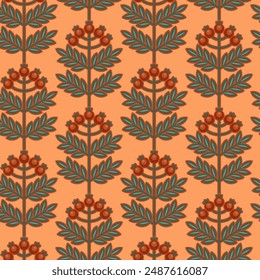 
Colorful autumn seamless vector pattern. Geometric plant pattern with leaves and red berries.