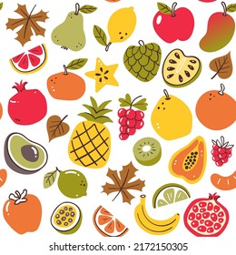 Colorful autumn seasonal fruits seamless pattern. Isolated fruits on white background. Vector illustration.