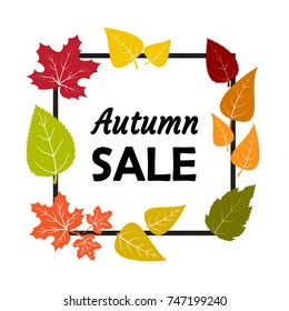Colorful autumn seasonal sale banner design. Black frame with inscription AUTUMN SALE. Vector illustration