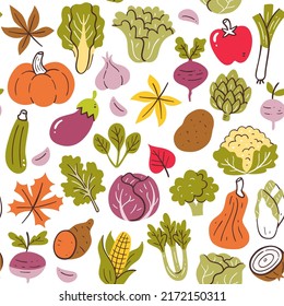 Colorful autumn seasonal vegetables seamless pattern. Isolated vegetables on white background. Vector illustration.