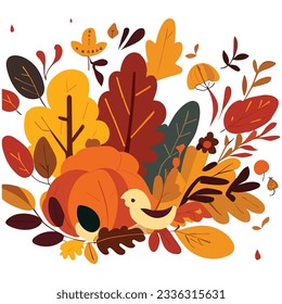 Colorful autumn set of leaves Vector illustration. Set of autumn elements. leaves, mushrooms, berries, pumpkin, and apple. Autumn background, silhouette leaves set autumn on white background. 
