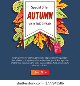 colorful autumn shopping sale or promo poster and web banner with hand drawn style