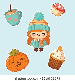 Colorido adesivos de outono com menina bonita, abóbora, cupcake, cogumelo e chocolate quente