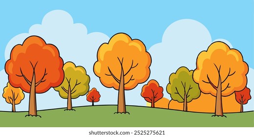 Colorful Autumn Trees in a Cartoon Style Landscape.