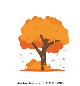 Colorful Autumn Trees. Cartoon Yellow Orange Fall Tree And Autumnal Garden Bush Icon With Fall Season Gold Leaves For City Park And Forest Landscape Background Vector Isolated Symbol Eps 10