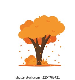 Colorful autumn trees. Cartoon yellow orange fall tree and autumnal garden bush icon with fall season gold leaves for city park and forest landscape background vector isolated symbol Eps 10